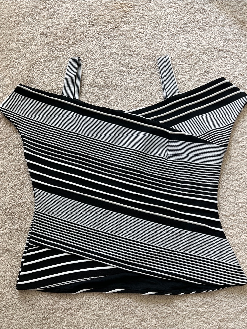 Black & White Diagonal Stripe Off-Shoulder Tank Top